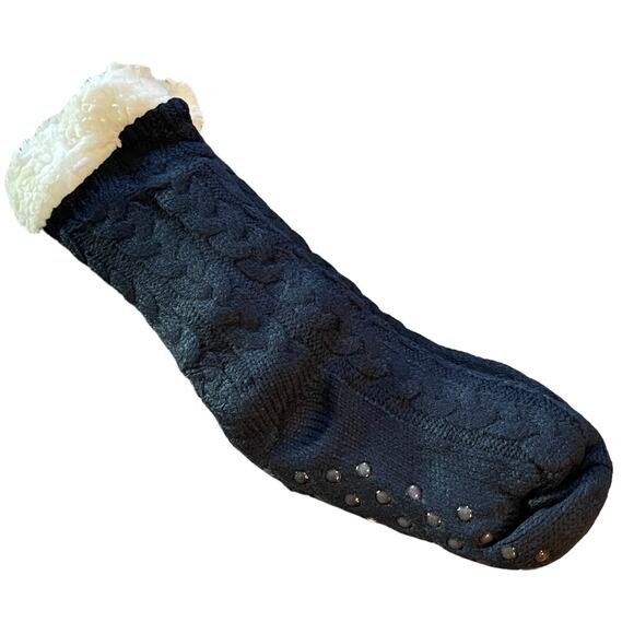Sherpa Knit Navy Blue Non Slip Slipper Socks One Size - Picture 2 of 2